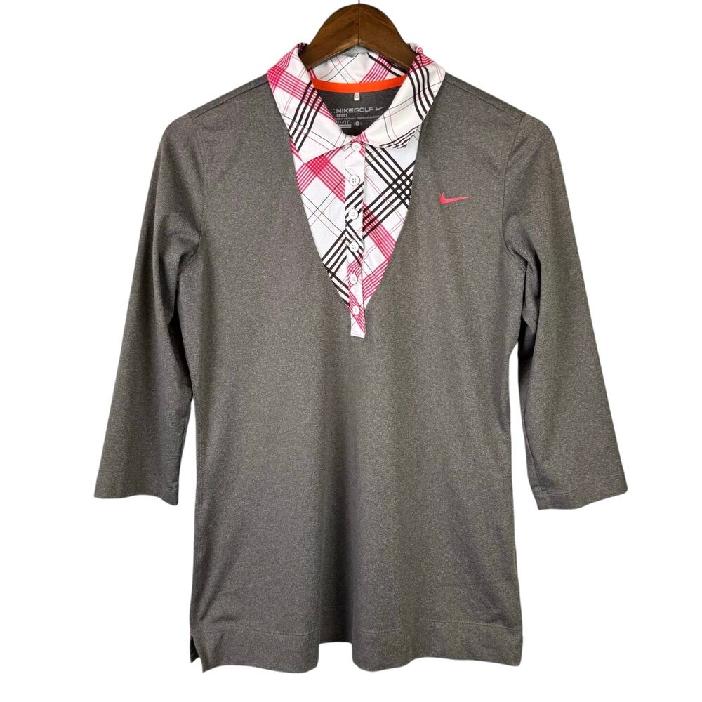 Nike Golf Womens Brown Moisture Wicking Plaid Collar Dri-Fit Sports Twofer Shirt - Picture 8 of 12